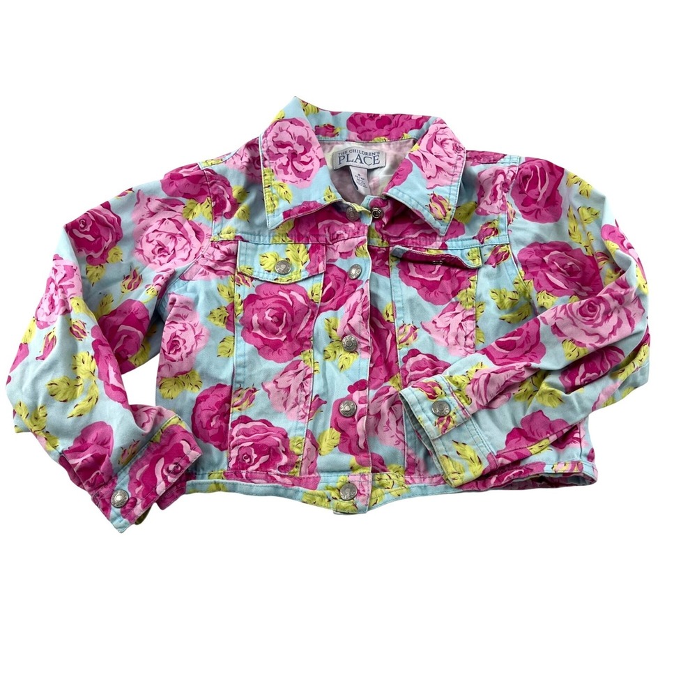 The Childrens Place Girls Floral Cropped Denim Jacket S‎ Pink & Green Roses